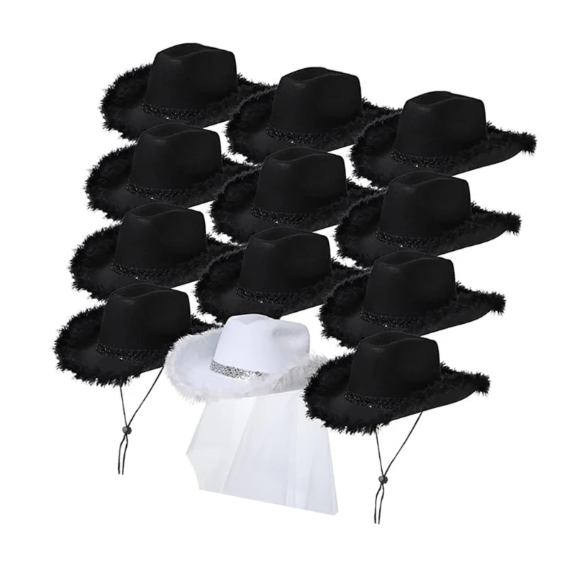 Bachelorettes Party Hat Set for Bridal Shower Women Cowgirl Hat Wedding Accessories Furry Brim Nightclub Headwear cowgirl hats