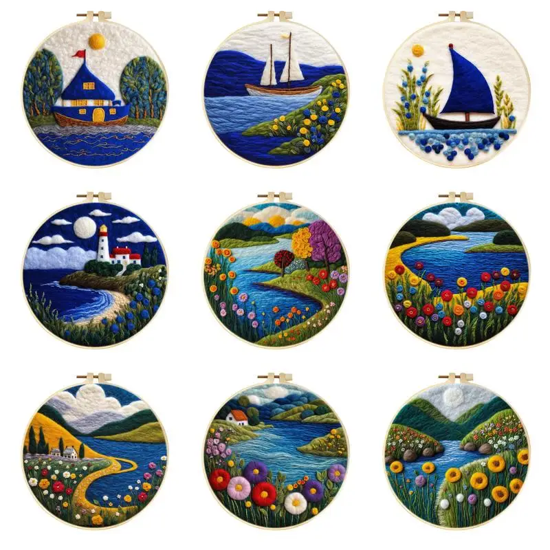 Blue Sailboat Felt Starter Kits Adults Diy Wool Felting Painting Beginners Kit Embroidery Frame Wool Needlework Crafts