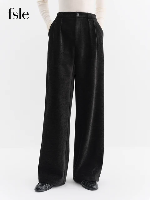 FSLE High-Waisted Straight-Leg Knit Tros Women Elegant Slimming Floor Length Commute Pants 2025 Winter Collection New Arrival