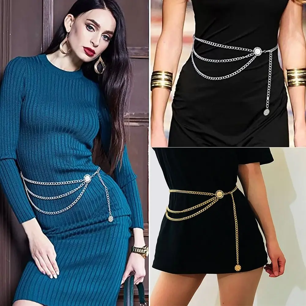 Vintage ethnic style body jewelry adjustable retro sunflower round waist body chain gold waist belt for women.