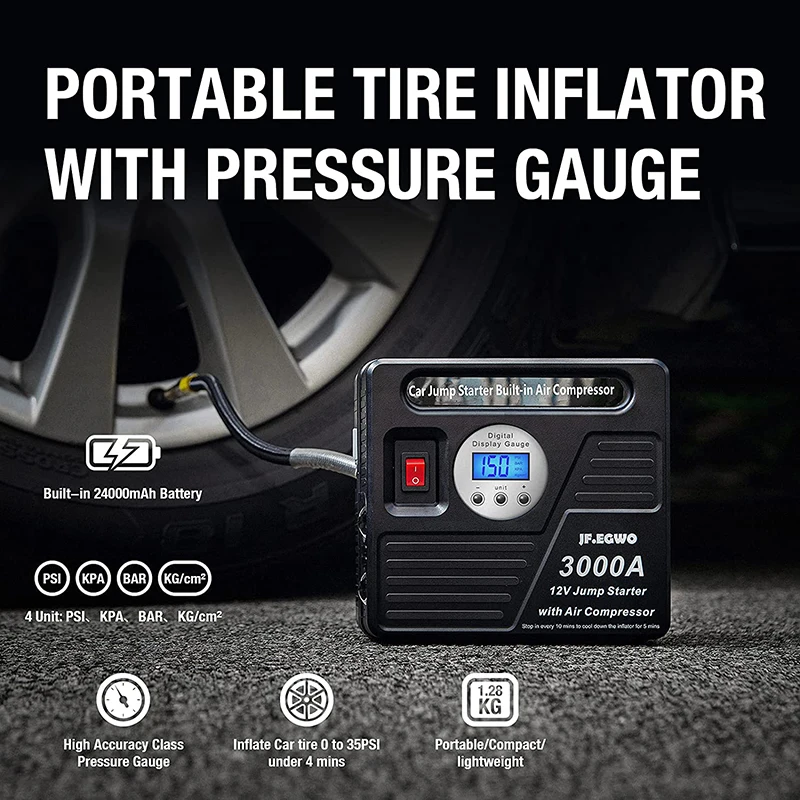 Car Jump Starter 3000A 12V Professional Power Bank With Air Compressor Pump Battery Booster Starter Device For Car