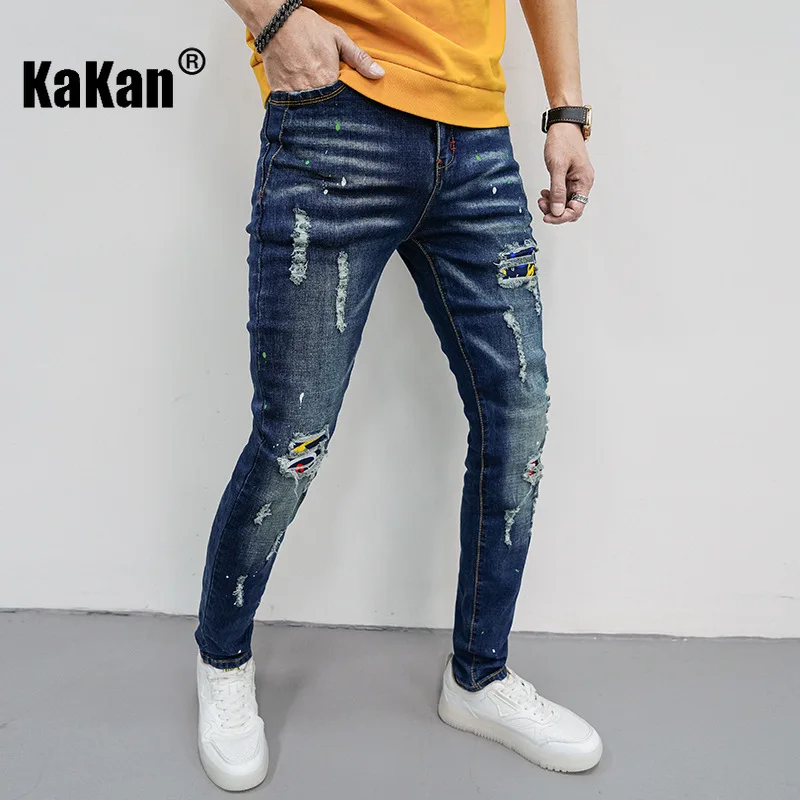 Kakan Europe and America's New Patch Denim Men's Clothing, Hole Hole Beggar Slim Fit Small Foot Patch Long Denim K7-686