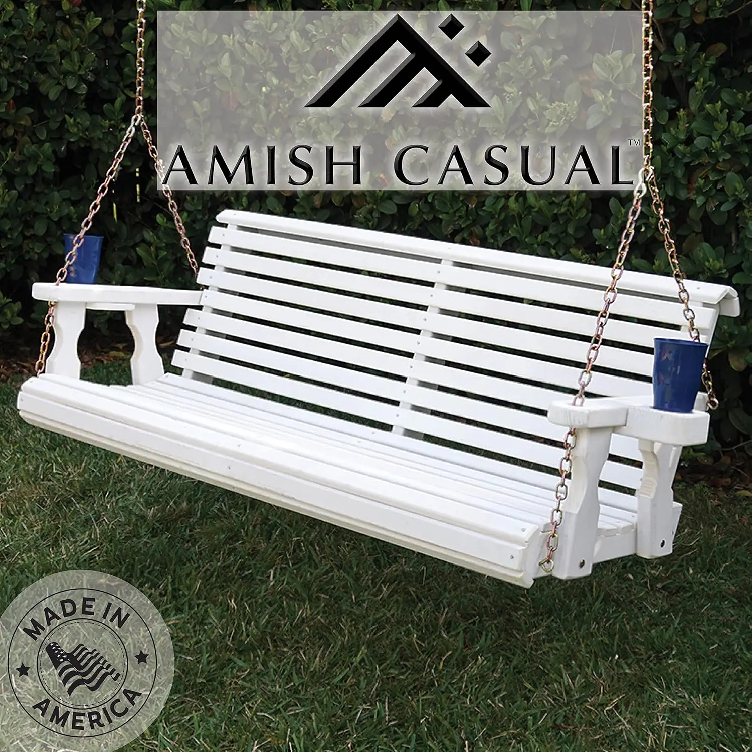 Amish Casual 4 Foot Roll Back Porch Swing Cup Holders Semi-Solid White Stain Amish Made in The USA From Treated Pine 700 Lb. 2