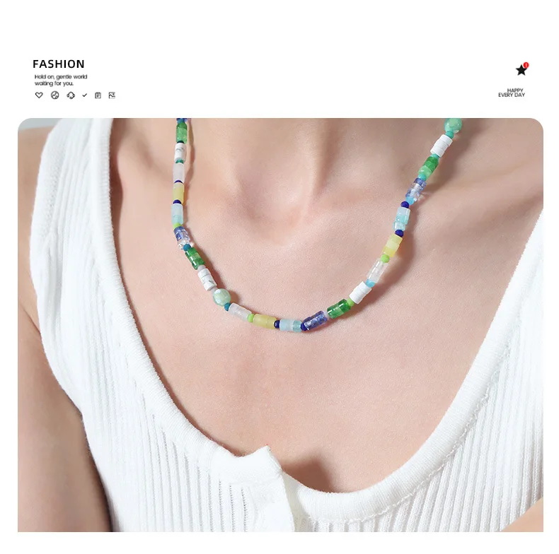 Marka 2023 Halskette aus Naturstein, bunt, für Damen, runde Perlenkette, Edelstahl, vergoldet, Schmuck, Bohemian-Accessoires – Detail 15