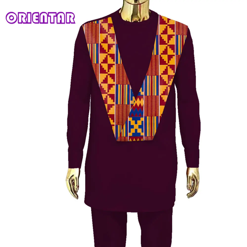 

African Men Traditional Outfit Suit Set Solid Color Mens Top Pants 2 Pieces Riche Shirt with Trouser Male Formal Outfits WYN1527