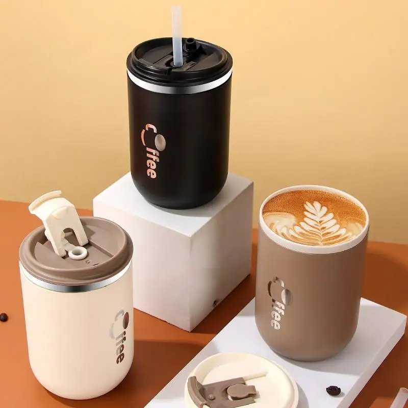 

Stainless Steel Mug with Liquid Silicone Straw Coffee Milk Tea Insulated Anti Scalding Double Walls Portable 500ml Water Cup