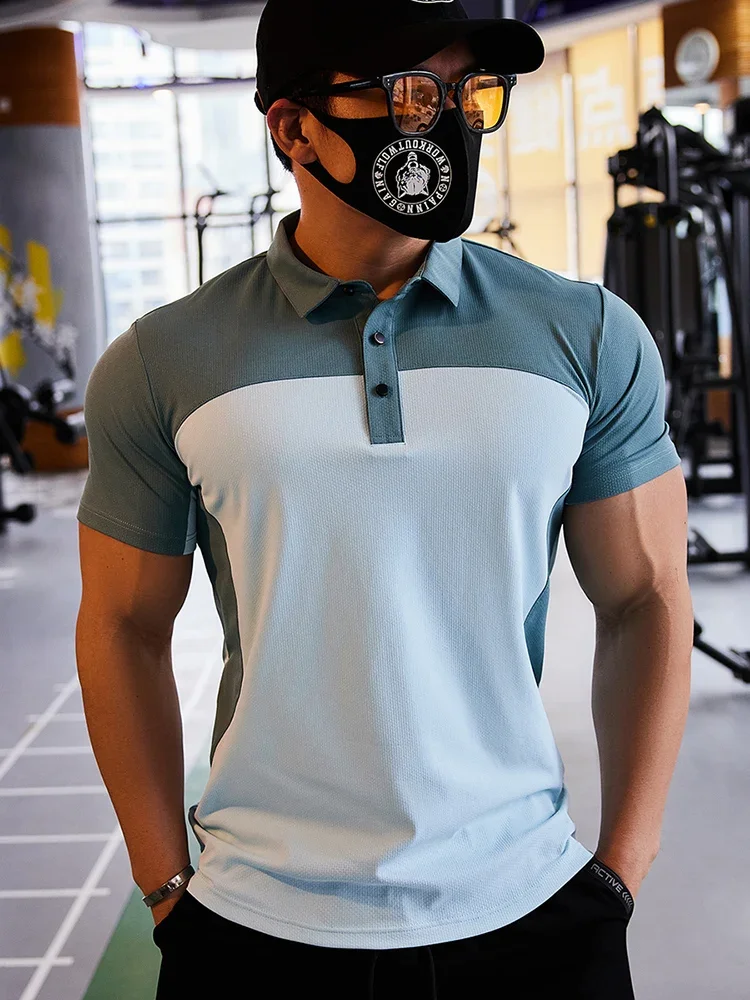 Polo de manga corta para hombre, camiseta de entrenamiento, ajustada, informal, para correr, gimnasio, culturismo, a la moda