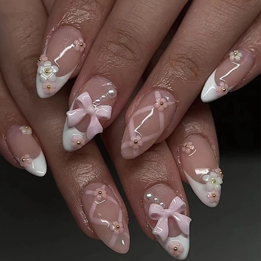 24Pcs Kawaii Short Almond Full Cover False Nails Sweet Cute Pink 3D Flowers Bowknot Pearl Design Gradients French Press On Nails