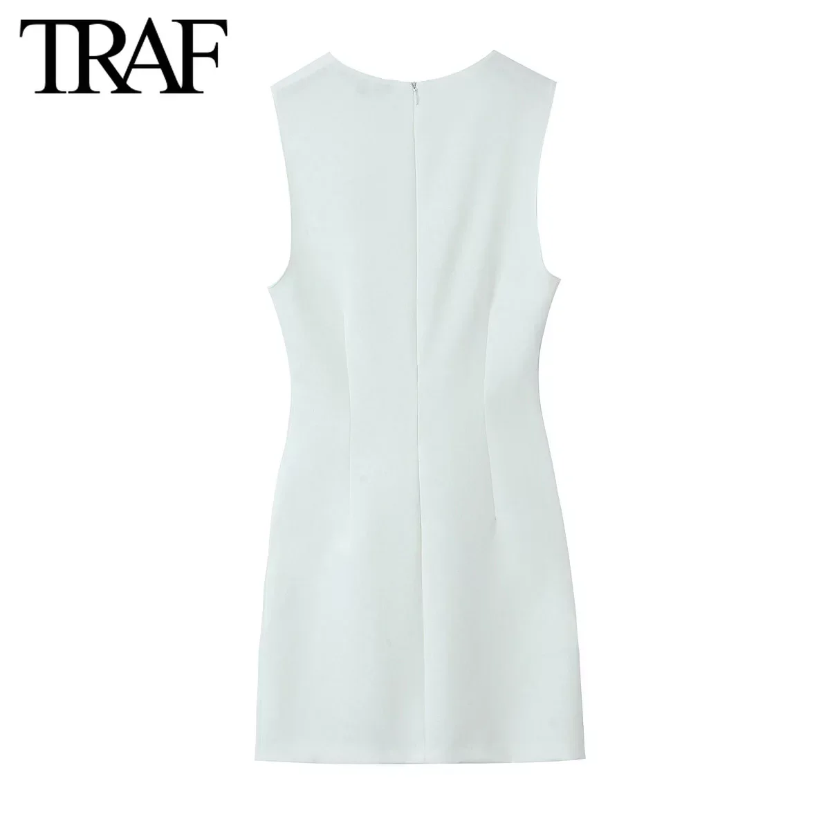 TRAF 여성 패션 백 지퍼 O-넥 플리츠 조끼, 짧은 섹시 나이트 원피스, 핫 시크 화이트 민소매 이브닝, 여름 신상
