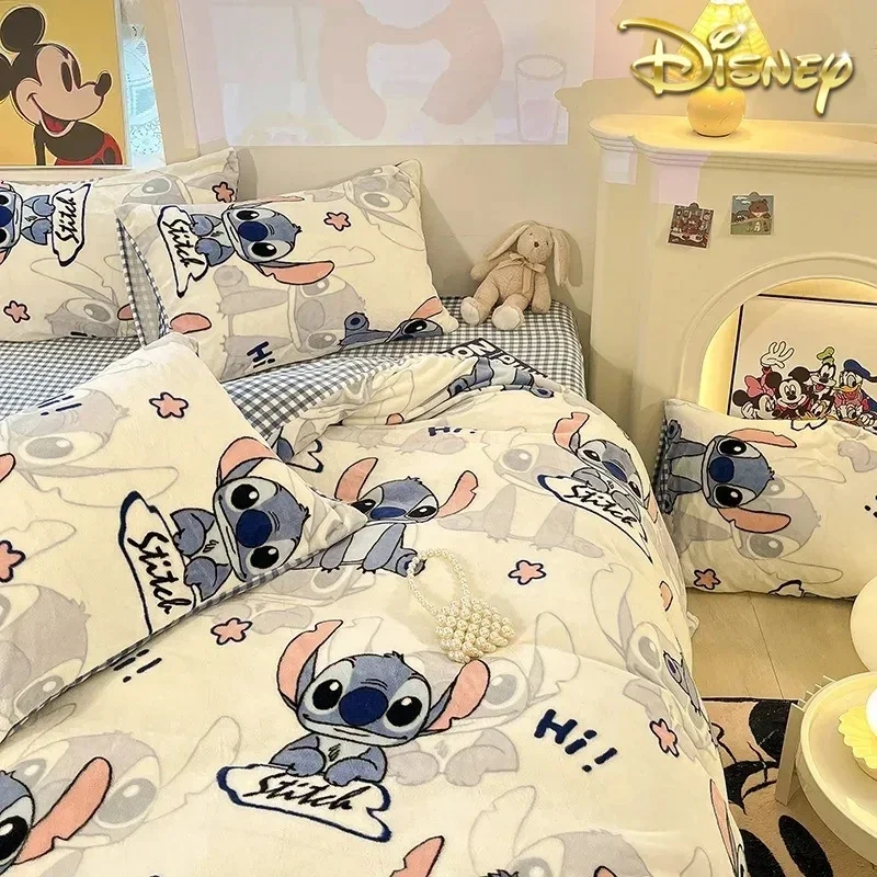 

Kawaii Stitch Disney Anime Cartoon Bed Four-piece Set Warm Children's Bed Sheet Quilt Cover Student Dormitory Supplies