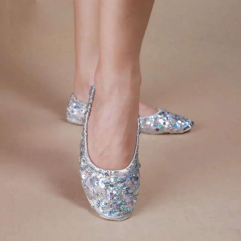 

Балетки женские для танца живота, мягкие восточные, с блестками, золотистые/серебристые, складные, для гимнастики, танцев на плоской подошве