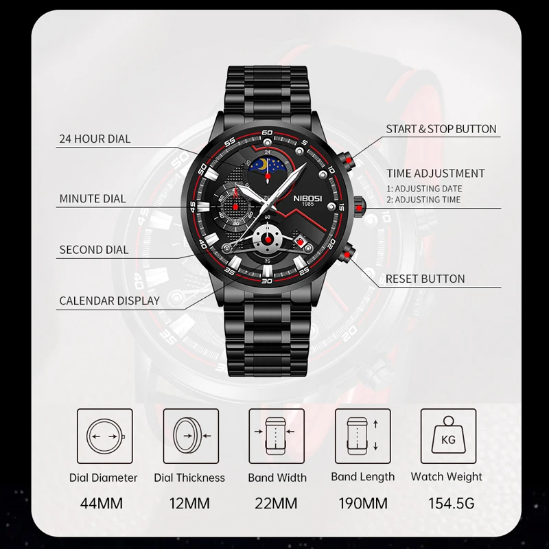NIBOSI Mens Watches Top Brand Luxury Gold Stainless Steel Quartz Watches for Men Sport Chronograph Wristwatch Relogio Masculino