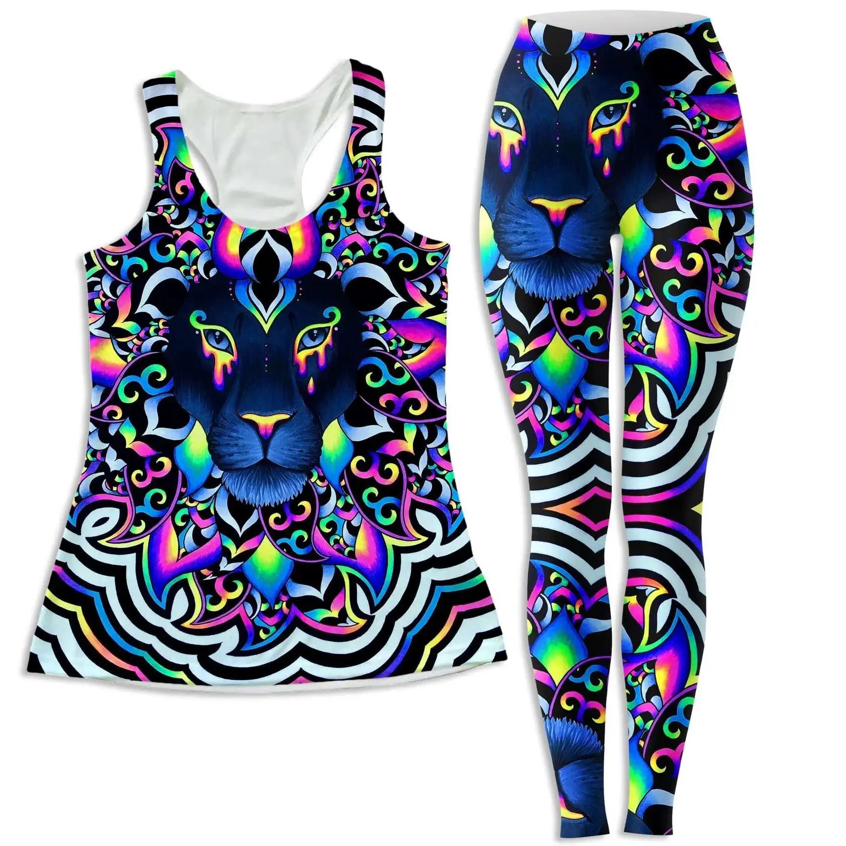 

Women's Electric Lion Print Tank and Leggings Combo Slim Fit Yoga Leggings Outfit Vest Suit Plus Size Xs-8Xl