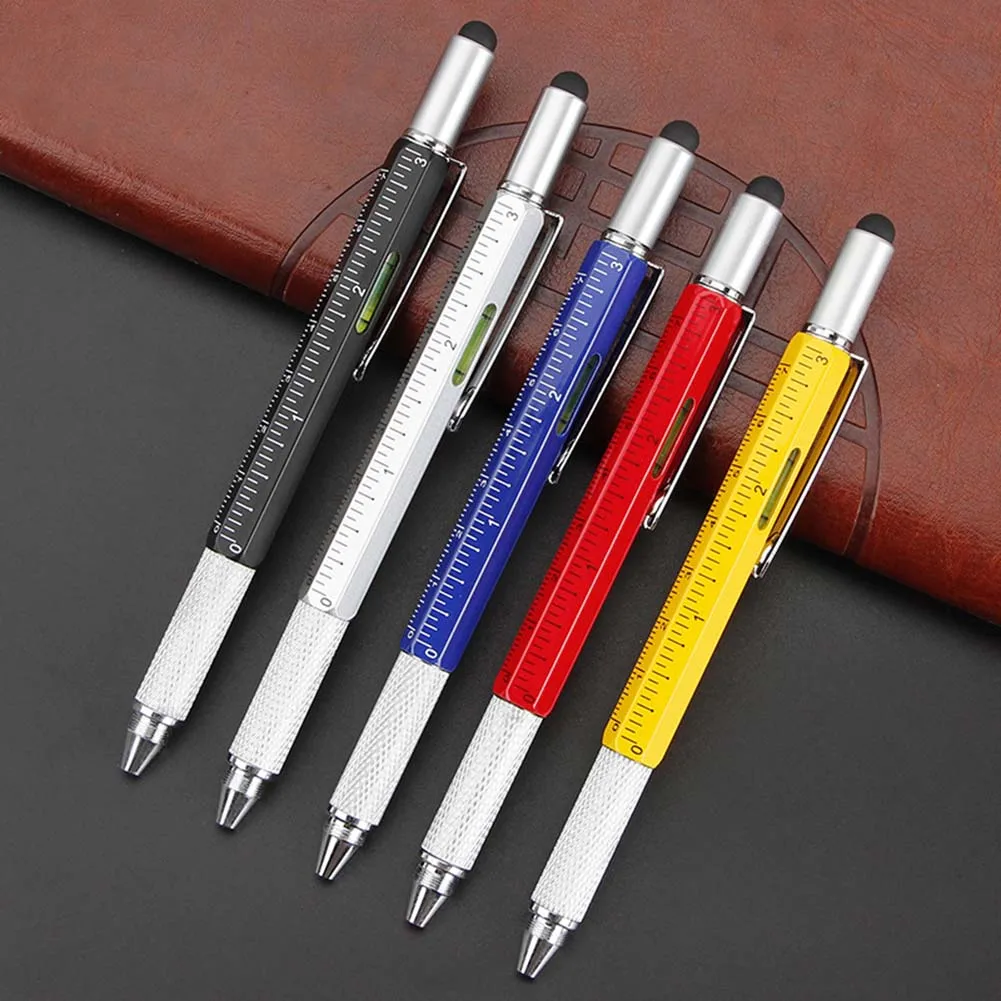 1pc Multi-function Tool Pen Spirit Level Scale Touch Screen 6 In1 Metal Ballpoint Pen Multifunctional Metal Pen Screwdriver