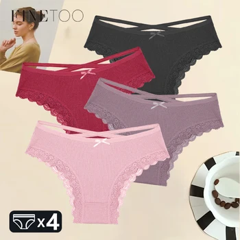 FINETOO 4pcs/Set Women's Cotton Panties Sexy Lace Braizlian Briefs Breathable Striped Underwear Female Cross Belt Solid Lingerie