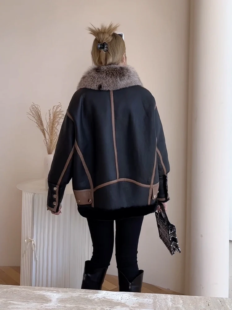 Winter Women Luxury Fox Fur Collar Moto Biker Natural Shearling Jacket Real Fur Wool Lining Loose Fit Coat Thick Warm Overcoat