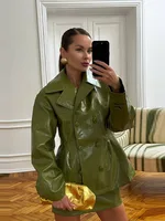 Mode femmes Faux cuir jupes ensemble col rabattu Double boutonnage taille manteau Mini jupe haute rue automne deux pièces ensembles 5