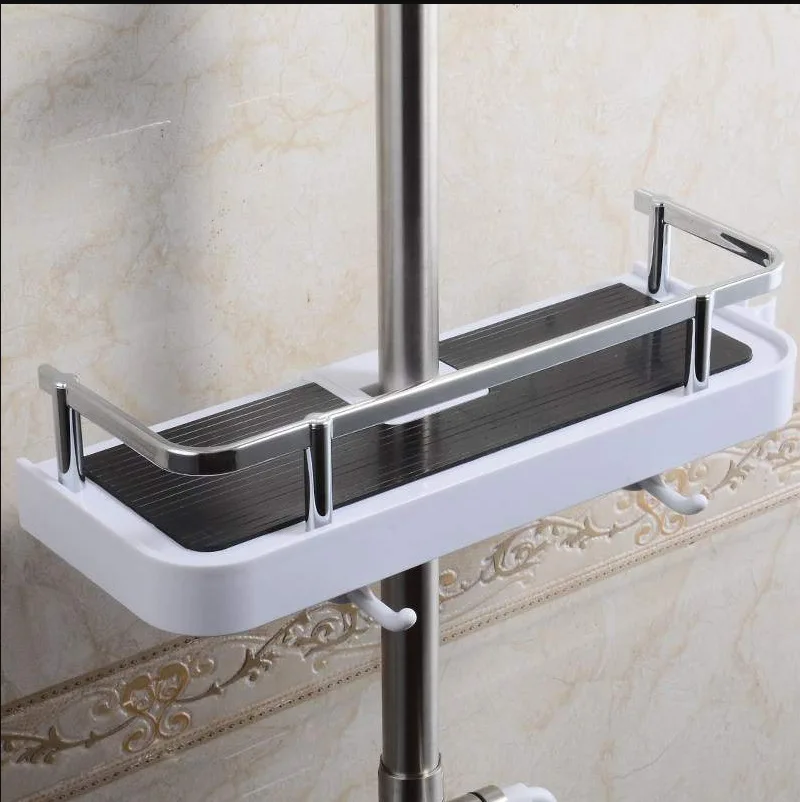 Bathroom Shower Storage Rack Organizer No Drilling Lifting Rod Shower Head Holder Shower Gel Shampoo Tray Holder Pole Shelves