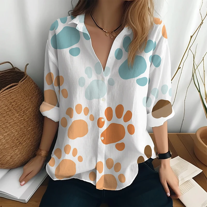 

Outdoor Office Fashion Shirt Women's Classic Single Breasted Shirt Creative Dog Palm 3D Printed Autumn Long -sleeved Shirt