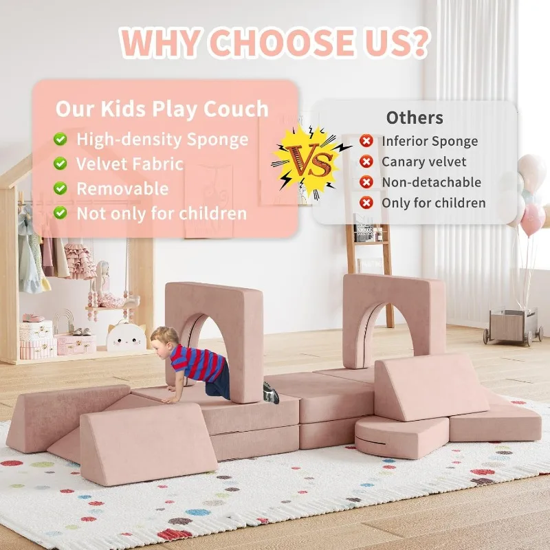 13PCS Modular Kids Play Couch 13 in 1 Toddler Couch for Playing, Creativing, Sleeping Indoor Kids Sofa for Boys and Girls (Pink) 6