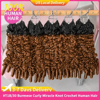 Golden Brown Highlight Miracle Knots Crochet Bundles Human Hair For Braids Burmese Curly With Spiral Curly End Feather Bulk Hair 1