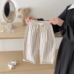 Vintage Linen Cotton Striped Casual Children's Pants with Pocket Design and Elastic Waist - 5-6 Years (Coffee)