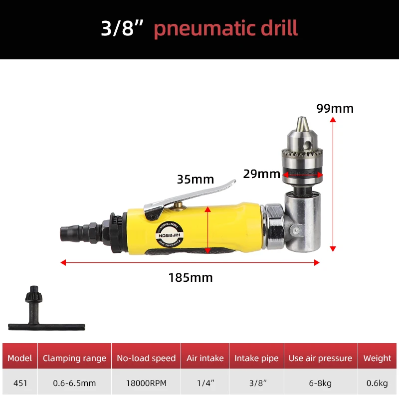 Trapano Pneumatico Angolo Retto 90° - 15000 RPM, Compatto, Per Spazi Stretti