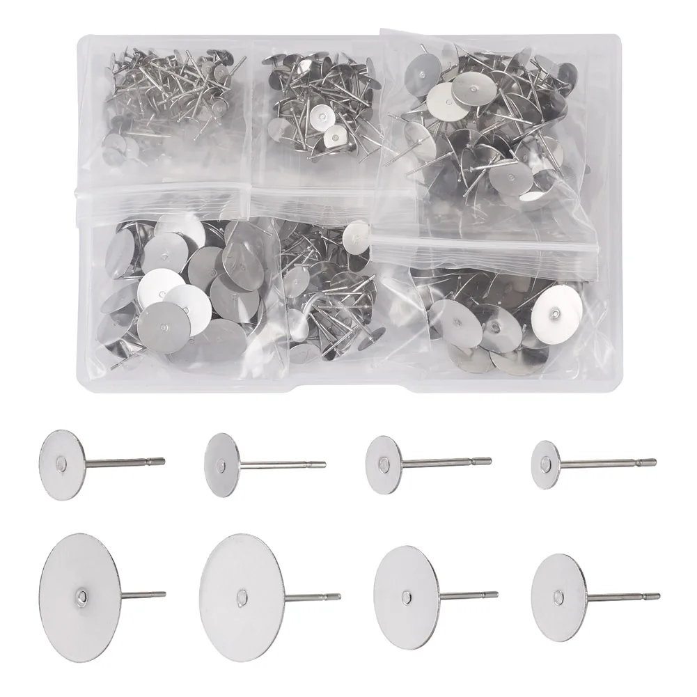 

400Pcs 304 Stainless Steel Blank Post Earring Stud Base Pins Flat Pads Bezel Earring Findings For Jewelry Making Supplies 3~14mm
