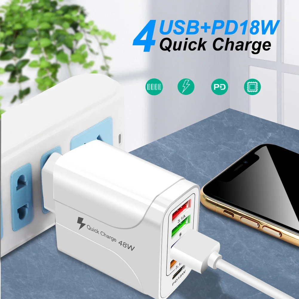 USB Charger Block Phone Charger 5 Ports 48W USB Power Adapter Smart Phone Wall Block Cube Adapter