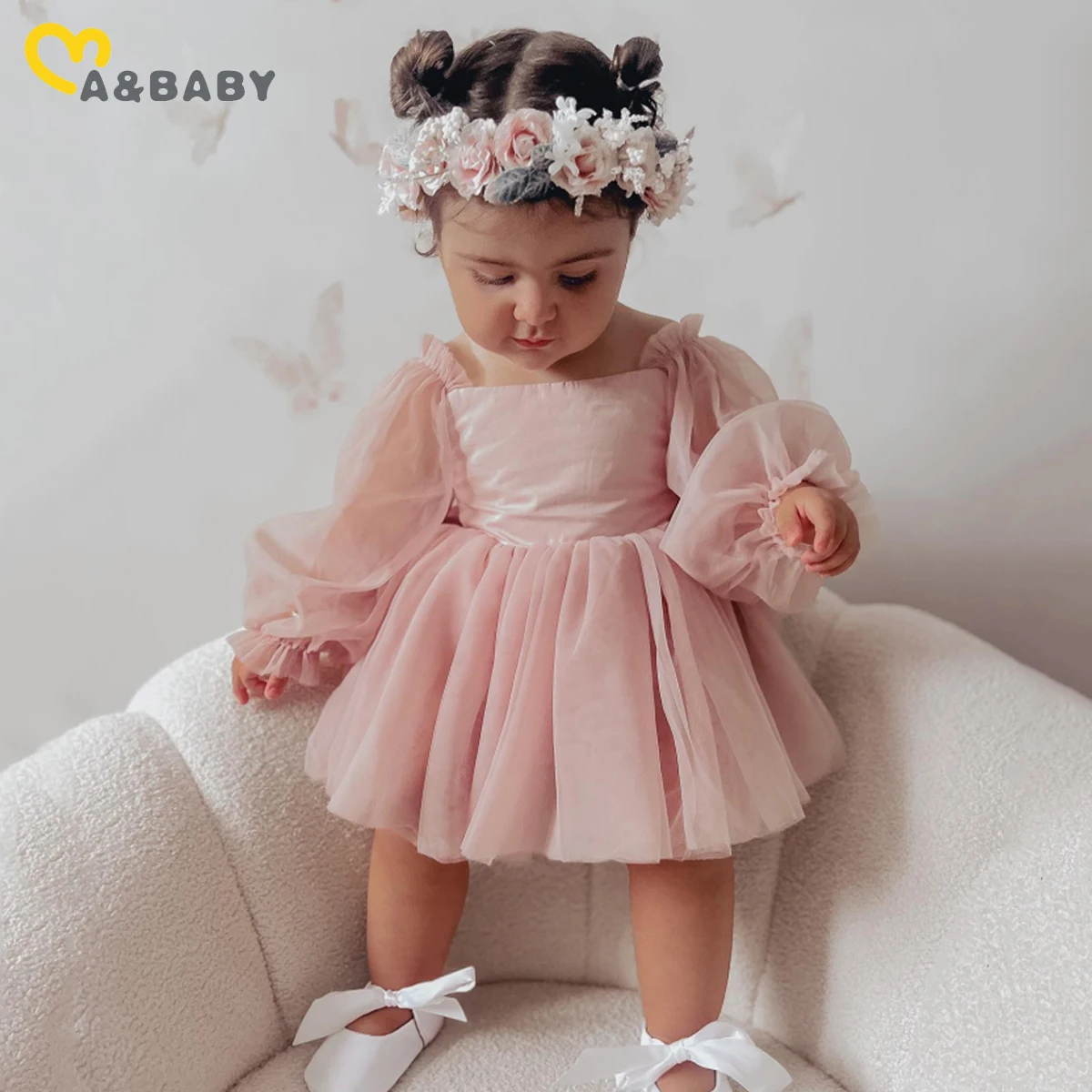 ma&baby 0-24M Newborn Baby Girl Romper Princess Infant Toddler Long Sleeve Tulle Jumpsuit + Bow Headband Fall Spring Outfits 1