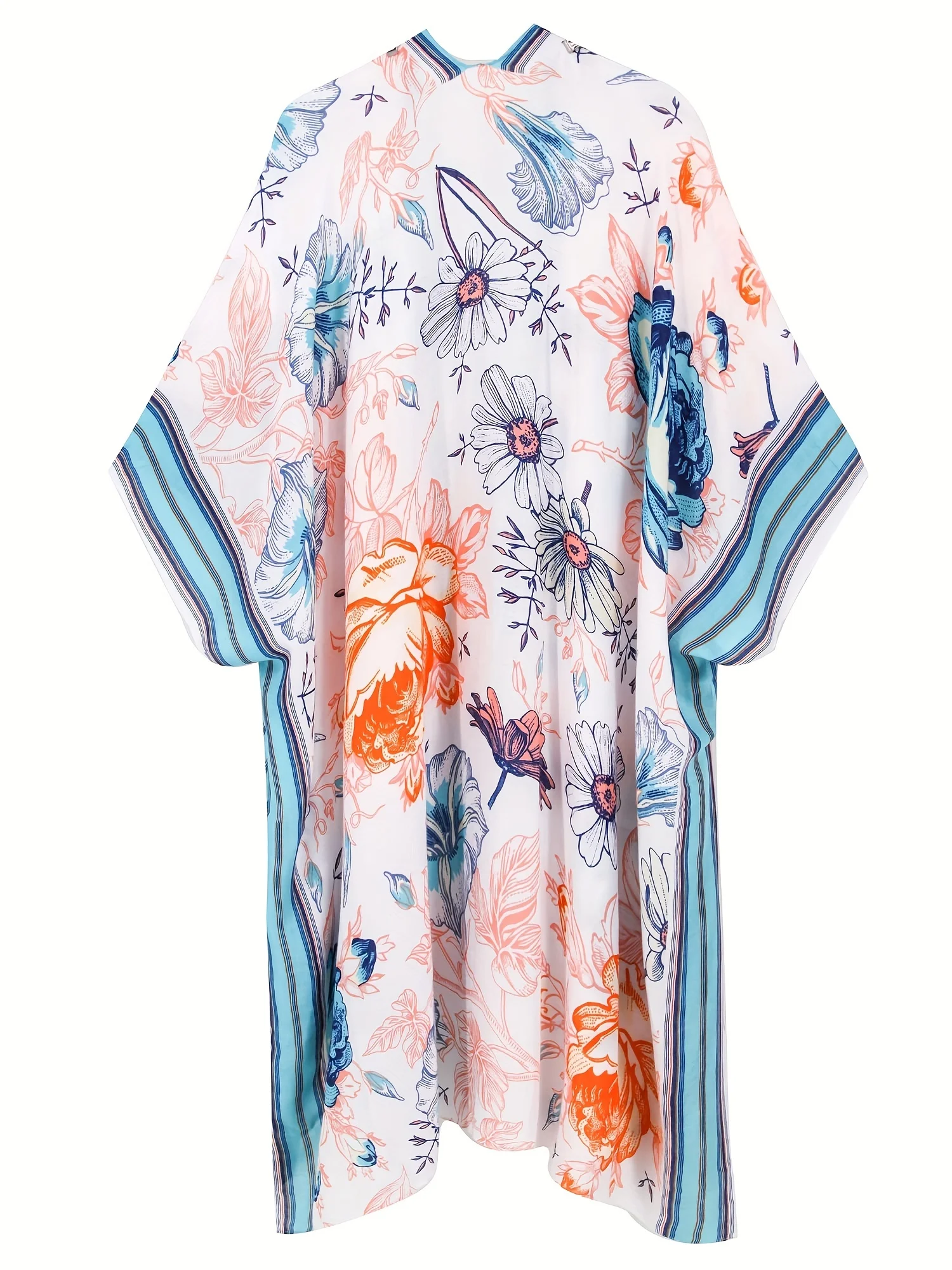 odoodem plus size casual cover up women's plus floral stripe print bat sleeve open front kimono shawl cover up