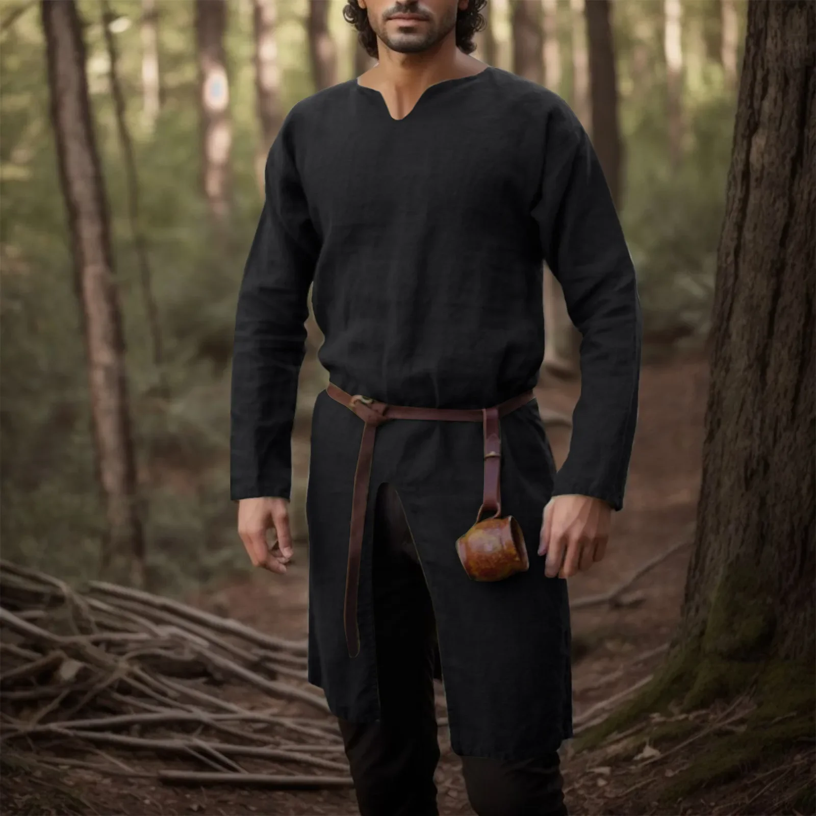 Medieval Renaissance Retro Cosplay Costumes Linen Shirt Tops Tunic Male Long Robes Dress Vintage Jackets Knight Vikings Pirate