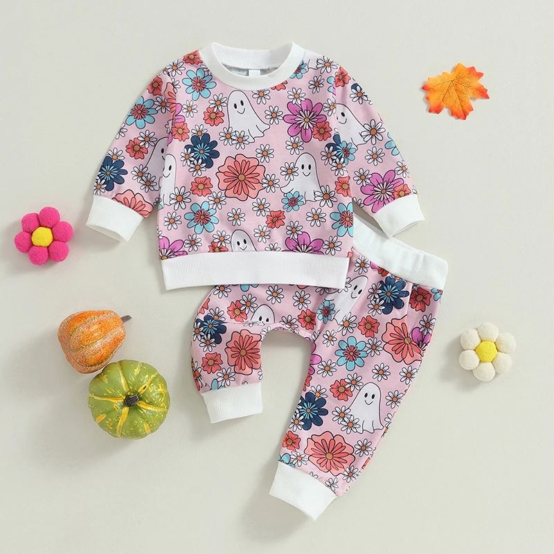 

0-3Y Toddler Baby Girl Halloween Outfits Fall Long Sleeve Ghost Floral Print Sweatshirt +Pants 2pcs Clothes Sets Casual Clothing