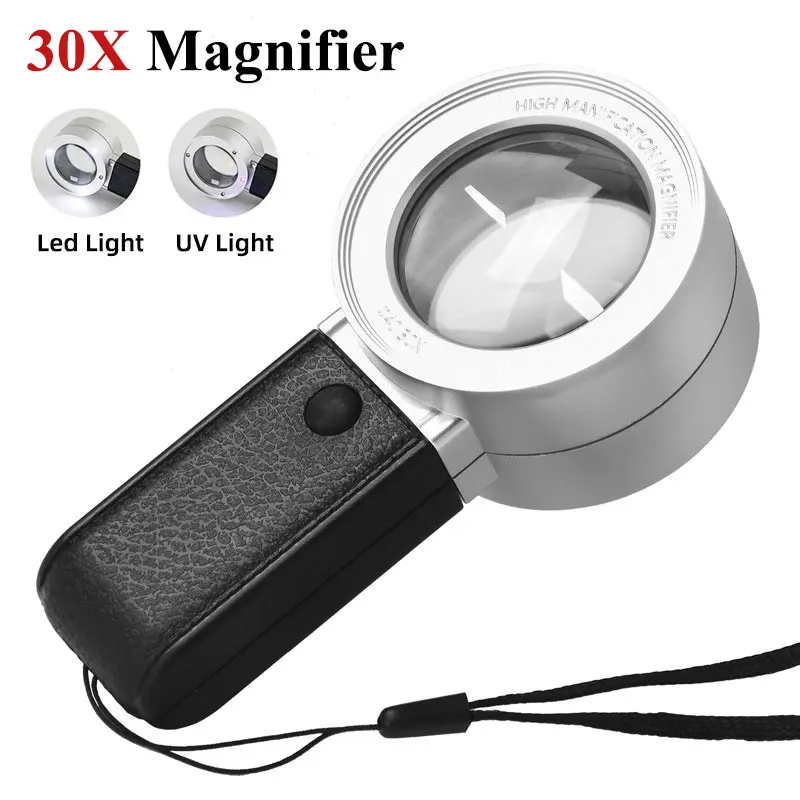 

30X Magnifying Glass With LED UV Light Professional Duel Layer Optical Glasses Lens Handheld Magnifier Jewelry Loupe for Senior