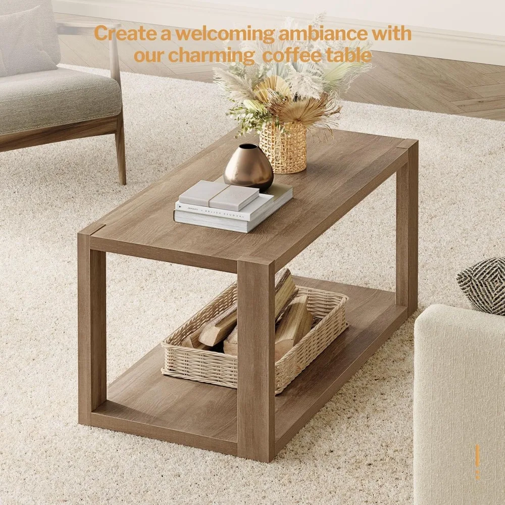 Farmhouse Rectangle Coffee Table-Boho Center Table with Storage Shelf,2-Tier Sofa Side Table Mid Century Small Table 5