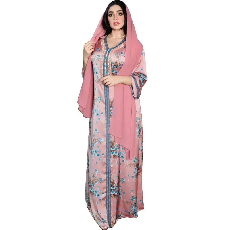 

Eid цветочный принт мусульманская абайя платье с шарфом для женщин бриллиант Дубай Арабский марокканский халат платье-Кафтан Robe Abayas Caftan 2024