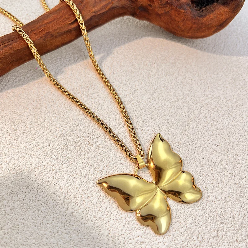 Retro Multiple Styles Starfish Pendants Polished Metal Butterfly PVD Hypoallergenic Snake Chain Textured Big Star Collar Jewelry