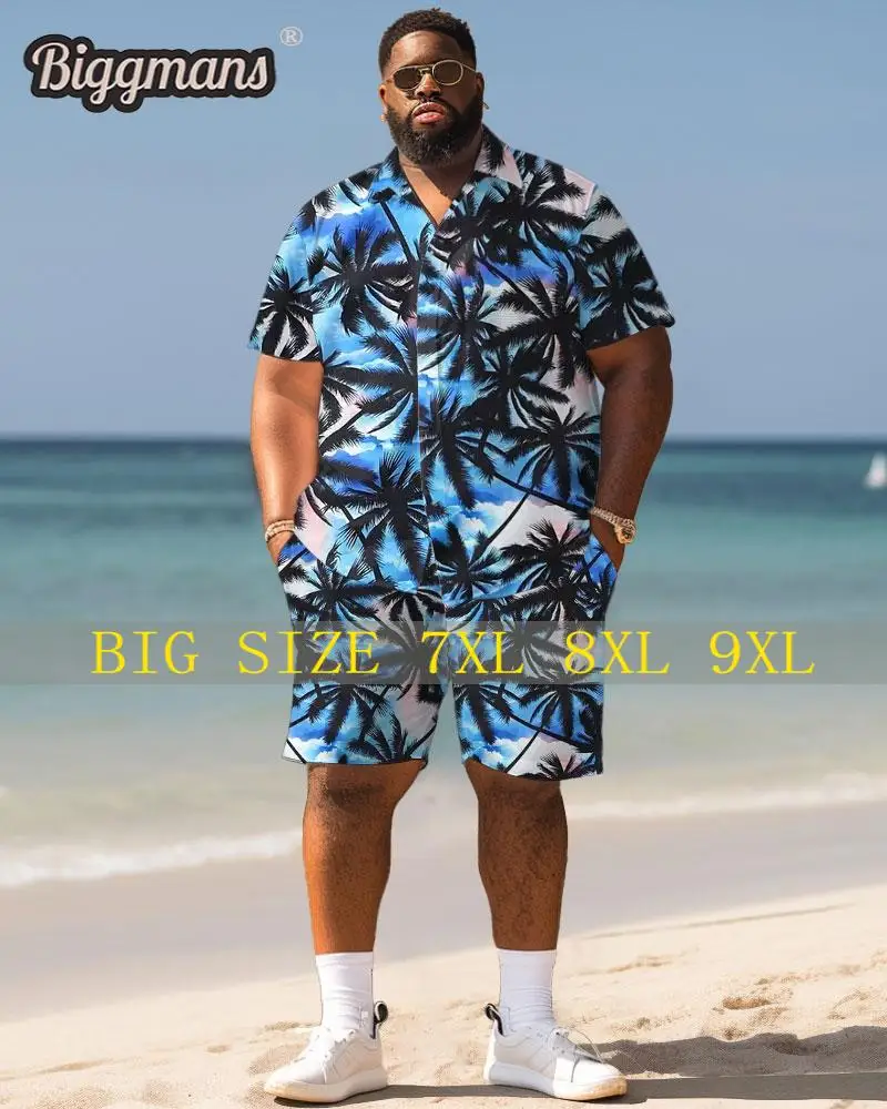 Biggmans Shirt Plus Size Set L-9Xl for Summer Beach Clothing Oversize Hawaii Suit Hawaiian Colorful Block Print Shirt Shorts 7XL