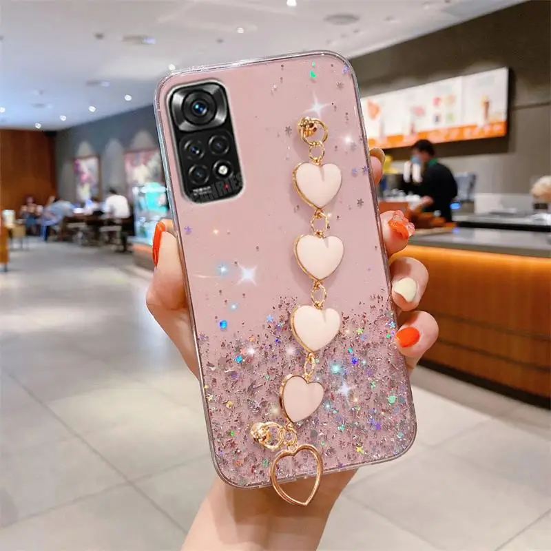 thumbnail image 1 of Note11s Love Heart Wrist Chain Glitter Case On For Xiaomi Redmi Note 11 Pro 4g 5g 11pro Plus 10 10s 9 9s Bracelet Silicone Cover, 1 of 5