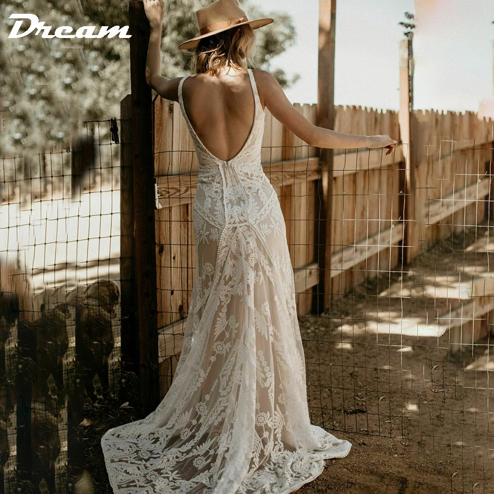 DREAM Customized Elegant Long V Neck Sleeveless Boho Mermaid Wedding Dress 2025 Lace Open Back Sweep Train Bridal Gown 18 Sd5b35ee5c1784f93b4a85d18685ea24do