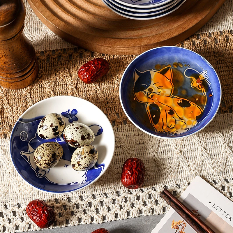 1PC Ins Cute Cute Cat Flavor Dish Ceramic Round Seasoning Dish Children's Cartoon Creative Tableware Vinegar Dipping