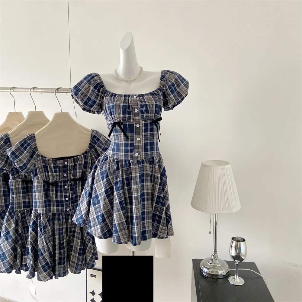 Y2K Plaid Short Dresses for Women Princess Birthday Party Dress Puff Sleeve Square Collar Bow Prom Summer Mini Vestidos Mujer