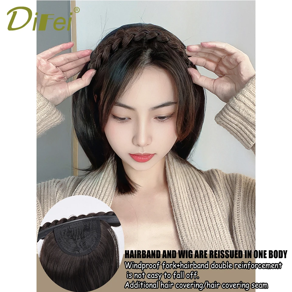 DIFEI 합성 헤어밴드 일체형 여성 머리 가발, 자연스러운 흰색 머리 커버, 땋은 머리, 하프 헤드기어 타입