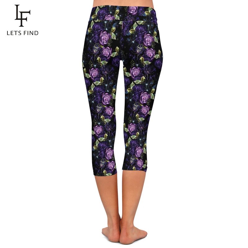 LETSFIND Summer Style Milk Silk Print Purple Rose Capri Leggings High Waist  Stretch Slim Mid-Calf Leggings