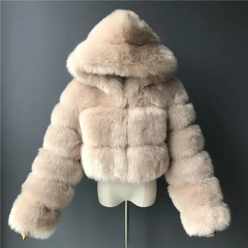 Winter Furry Cropped Faux Fur Coats Jackets Women Fluffy Top Coat Hooded Straight Short Winter Fur Jacket Fashion Streetwear New