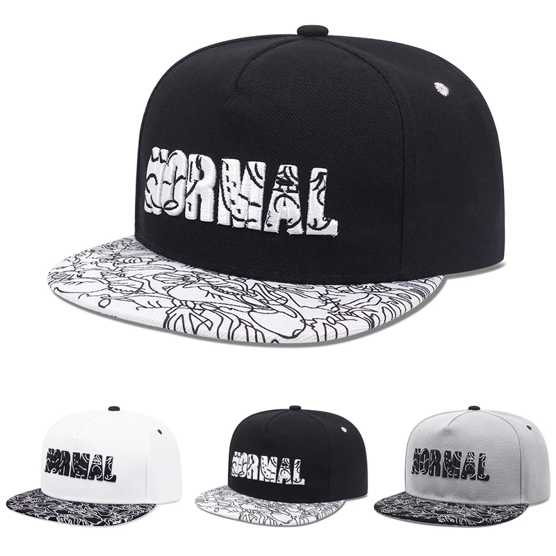 Trendiger NORMAL-Hut mit gesticktem Muster und flachem Rand, modischer Hip-Hop-Hut für Herren, Damen-Sonnenschutz im Freien, verstellbare Baseballmütze