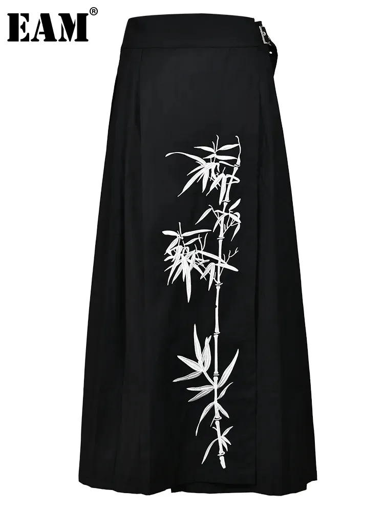 

[EAM] High Waist Black Embroidery Belted Pleated Half-body Skirt Women Fashion Tide New Spring Autumn 2024 1DH1689 1DH1689
