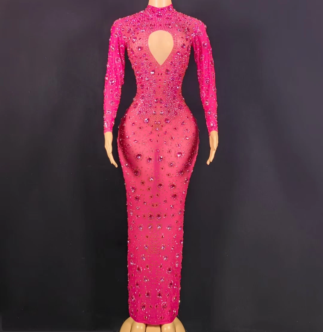 

Fashion Stunning Pink Diamond High Neck Long Sleeve Dress Lady Sexy Rninestone Crystal Long Prom Dress Women Stage Costumes 2024