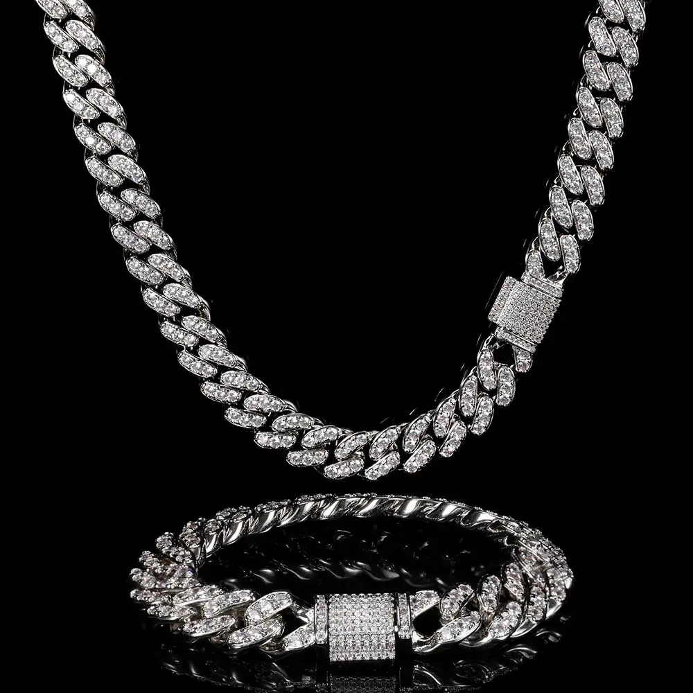 Harlem Bling Chain Hip Hop Silver Iced Cuban Chain & Choker Set – 18" & 16" Bling Necklace With Lab Diamonds (White Gold Plated) Hip Hop Cuban Chain Necklace - Foto 2