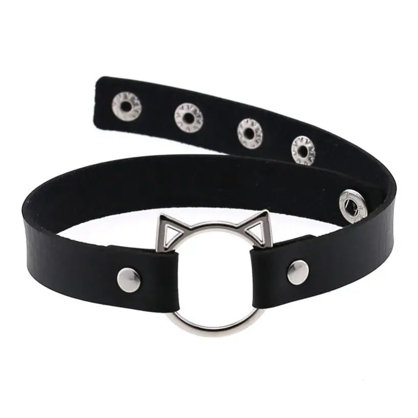 1 Pcs Women Black Synthetic Leather Sexy Collar With Cat Spike Choker Buckle Goth Alternative Thin Gothic Necklace Studded Punk